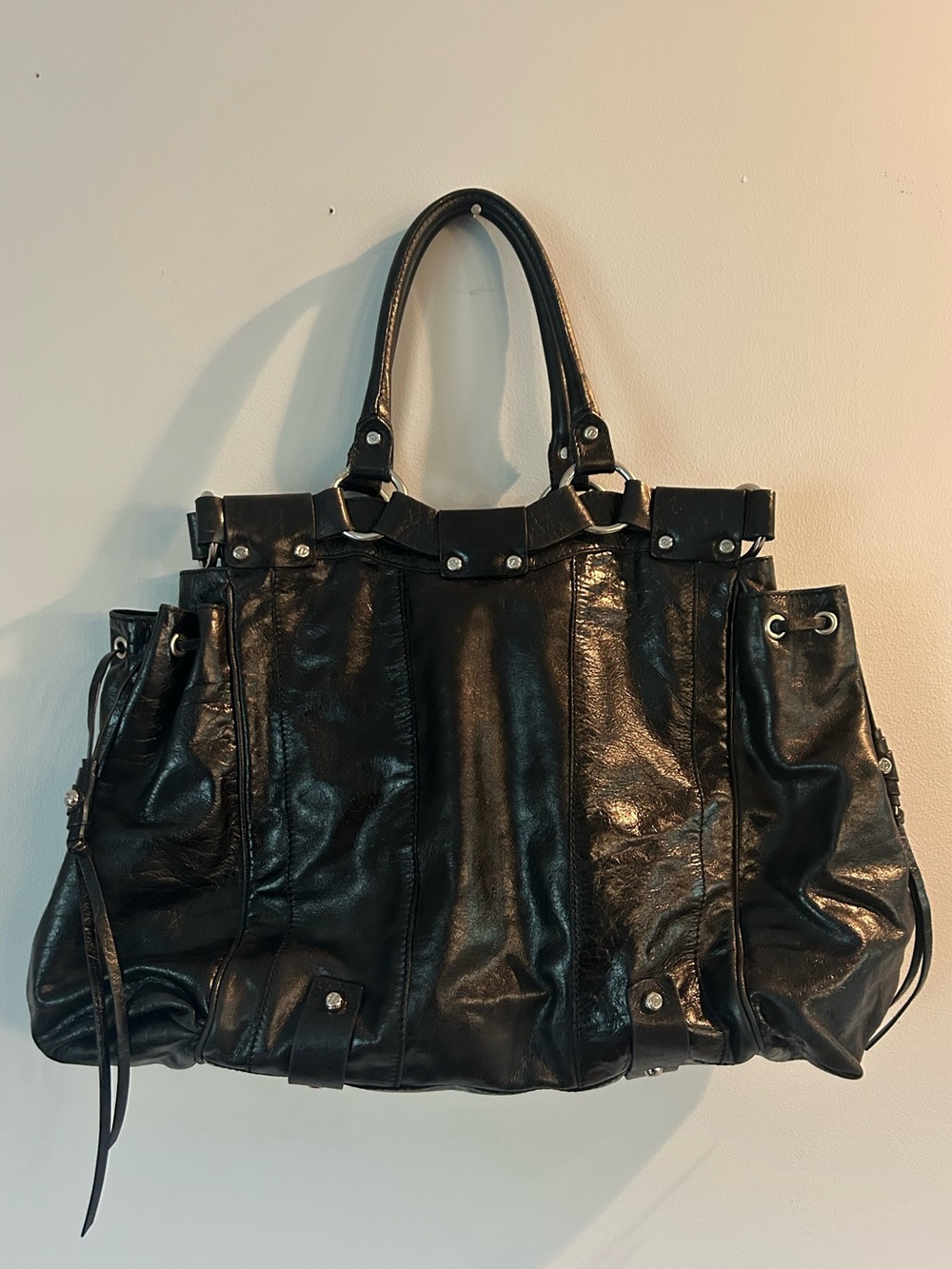 FRANCESCO BIASIA Shoulder Bag Leather Black Purse Large Iconic 2000s Y2K 20x13”